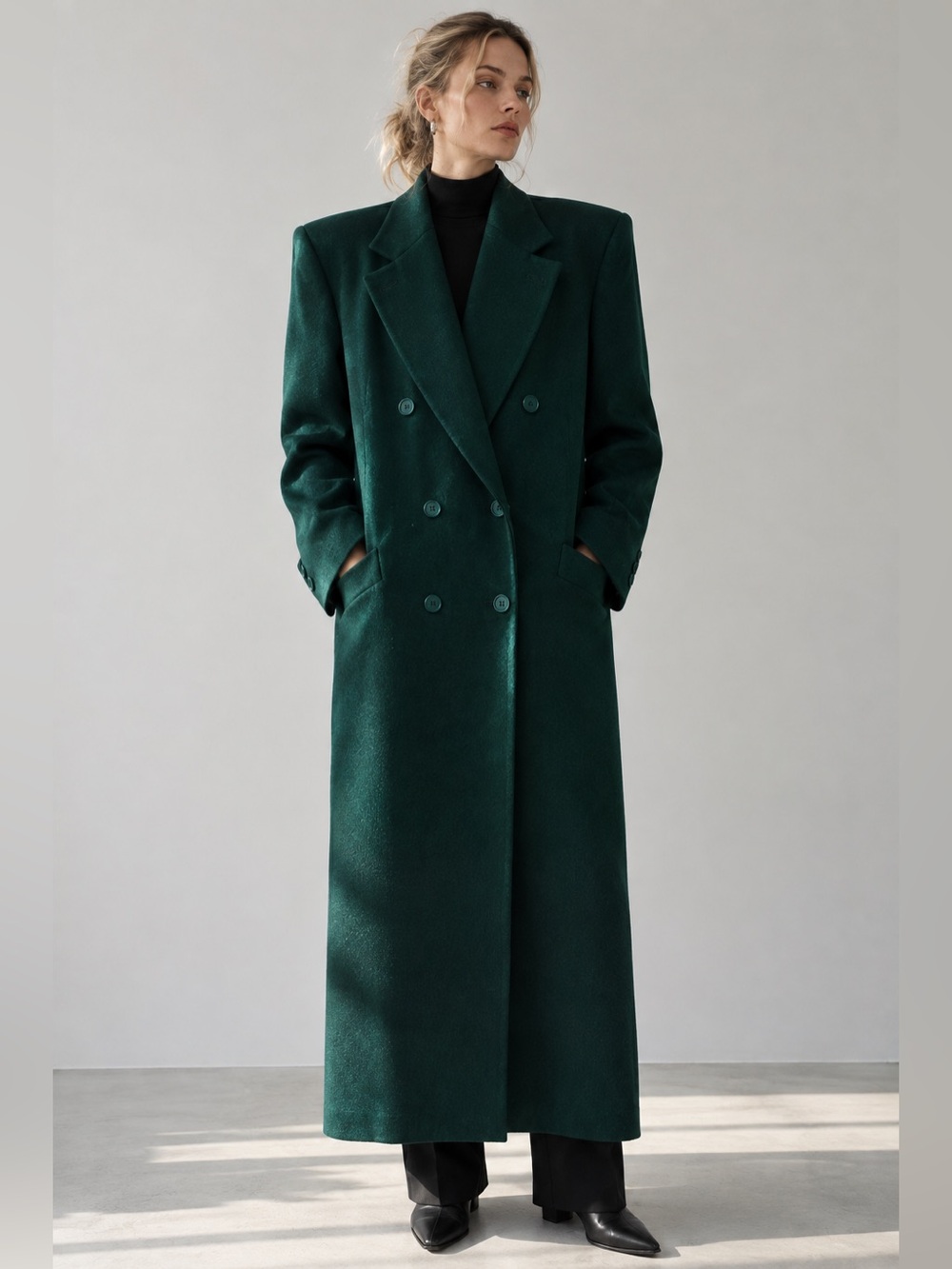 Vtg 1980s Fleurette 100% Wool Long Coat Double Breasted Hunter Green USA Made